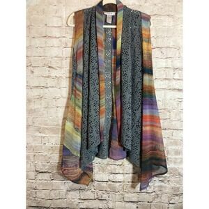 Ania A. Artsy Top Womens Small Rainbow Striped & Open Knit Mesh Open Front